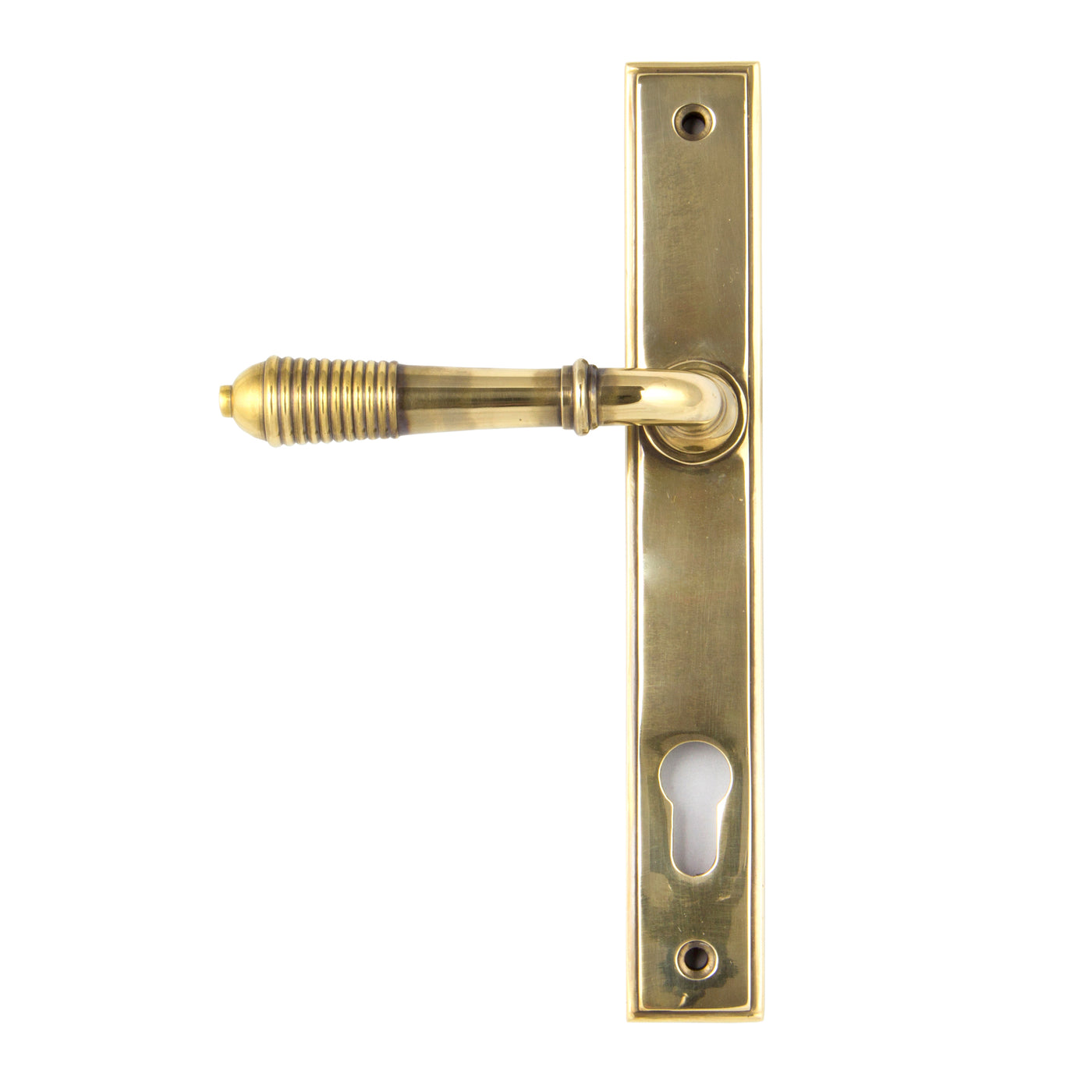 From The Anvil 33039 - Aged Brass Reeded Slimline Lever Espag. Lock Set #finish_aged-brass