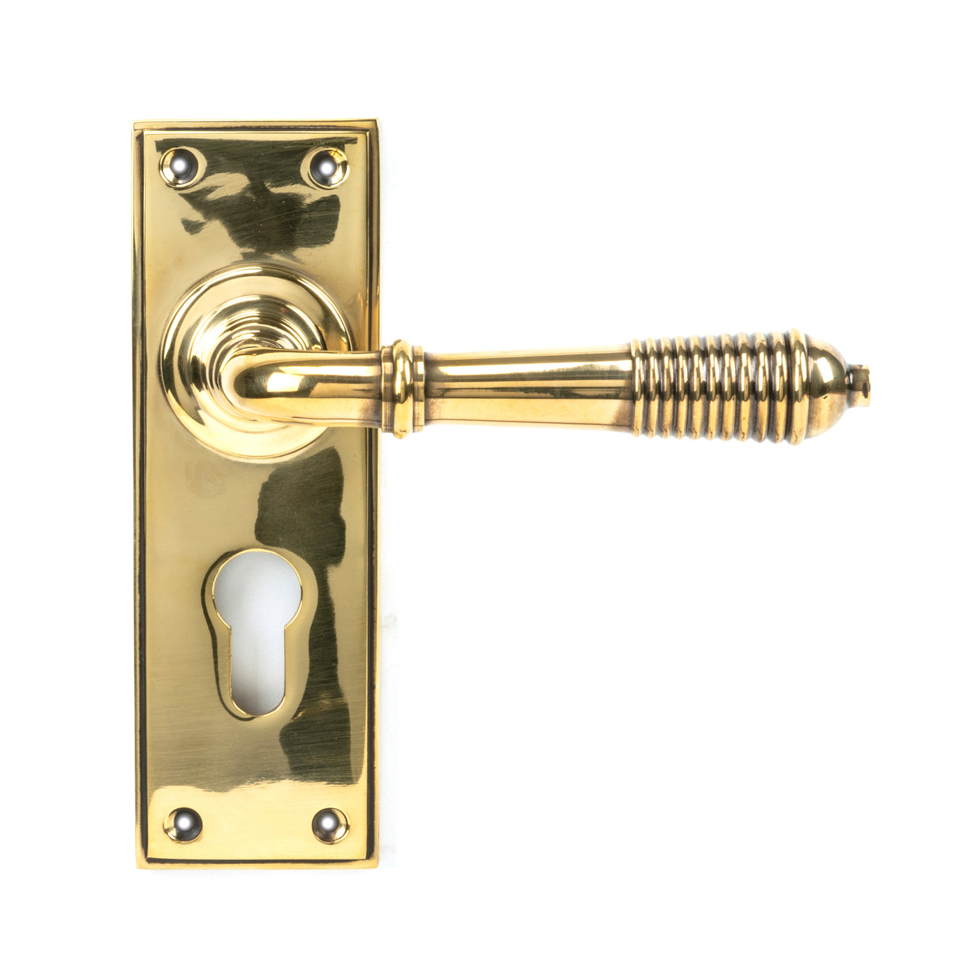 From The Anvil 33085 - Aged Brass Reeded Lever Euro Lock Set #finish_aged-brass