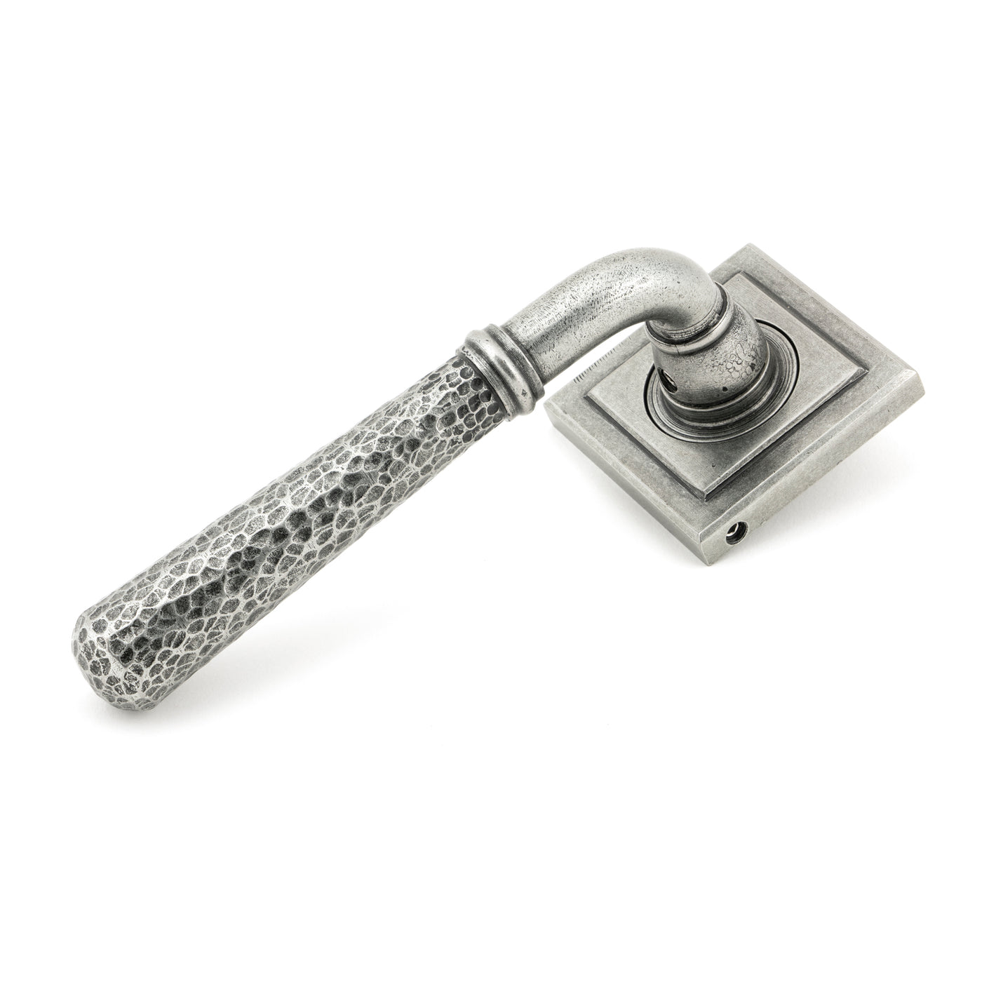 From The Anvil 45658 - Pewter Hammered Newbury Lever on Rose Set (Square) #finish_pewter-patina