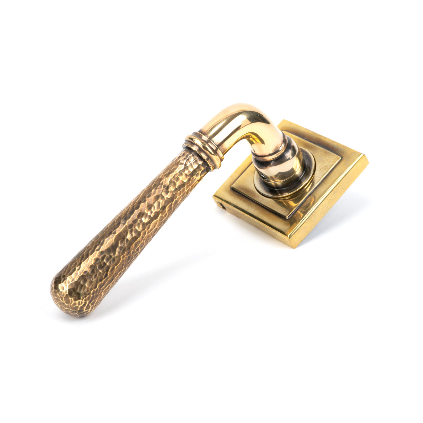 From The Anvil 46072 - Aged Brass Hammered Newbury Lever on Rose Set (Square) #finish_aged-brass