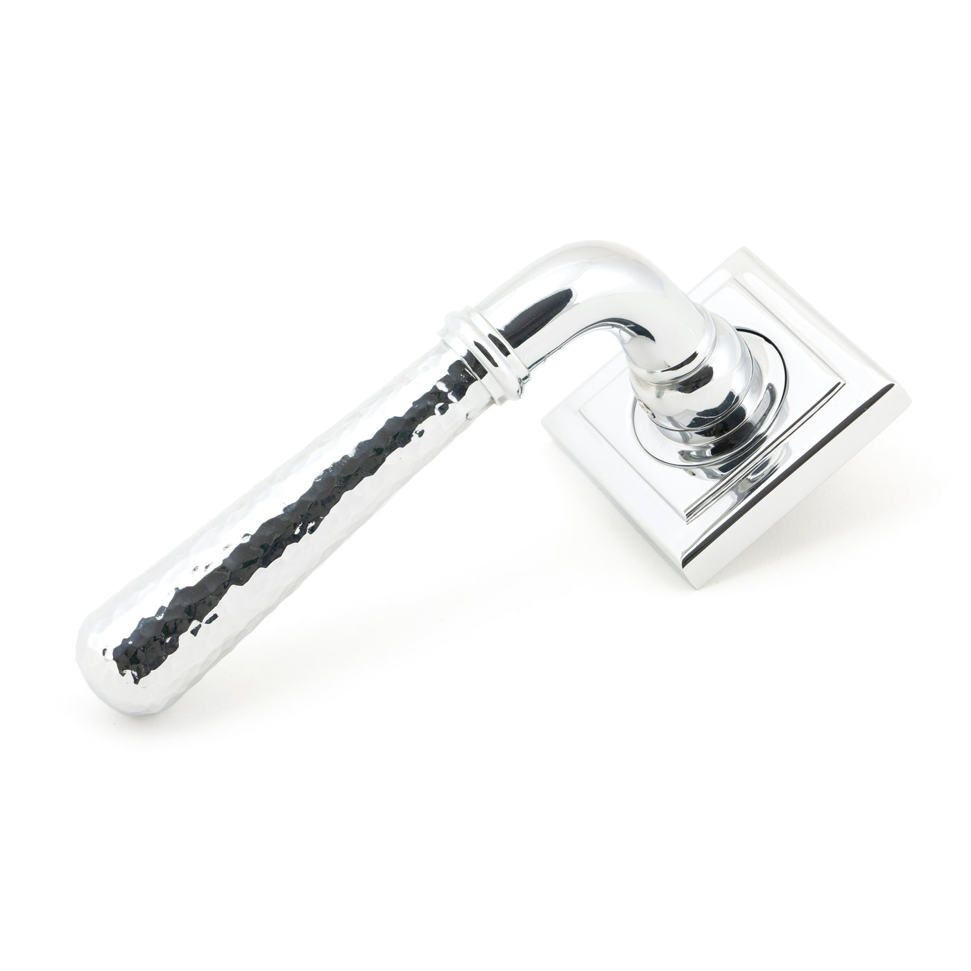 From The Anvil 46076 - Pol. Chrome Hammered Newbury Lever on Rose Set (Square) #finish_polished-chrome